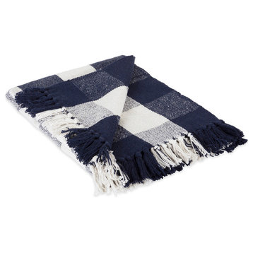 DII 60x50" Modern Cotton Buffalo Check Throw with Fringe in Navy and Off White
