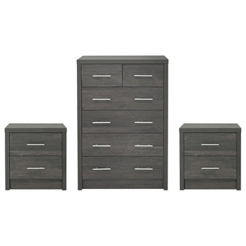 Marlette Modern 3 Piece 6 Drawer Dresser and Nightstand Bedroom Set, Gray Maple
