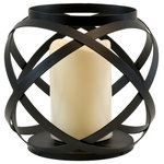 LumaBase - Black Banded Metal Lantern with Battery Operated Candle - 6.5" - This stylish metal lantern in an intertwined banded design with an LED candle is a versatile piece perfect for everyday home decor. Chic flameless lanterns are perfect for adding accent lighting to your special event, dinner party or everyday home decor. The candle has a convenient timer incorporated 5 hours on 19 hours off.