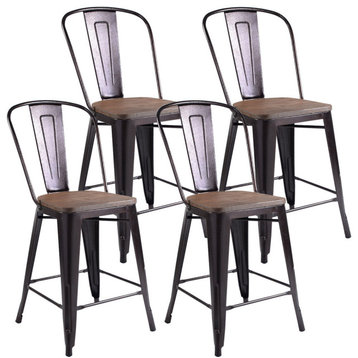 Goplus Copper Set of 4 Metal Wood Counter Stool Dining Kitchen Chairs Rustic