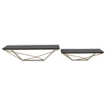 Contemporary Wall Shelves, Black Wooden Top, Gold Metal Frame, 2-Piece Set