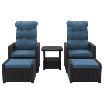 Corliving Lake Front Beige/Blue Striped Rattan Patio Recliner And Ottoman Set
