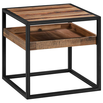 Ludgate Square End Table With Shelf, Acacia And Black Metal