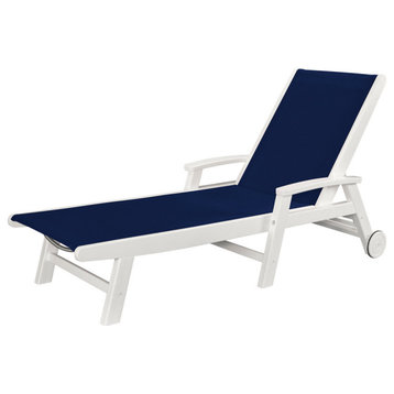 Coastal Chaise With Wheels, White / Navy Blue Sling