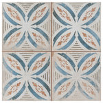Merola Tile - Kings Root Petal Ceramic Floor and Wall Tile - Imported from Spain, our Kings Roots Petal Ceramic Floor and Wall Tile radiates old-world European elegance. This encaustic-inspired tile features a unique, low-sheen glaze in faded tawny, antique white, taupe and blue tones with floral and geometric motifs in each square. To commemorate 50 years of production, interior architect and furniture designer, Francisco Segarra, designed this collection to pay tribute to the manufacturing facility that brought his ideas to life. Each of his designs are inspired by the ceramics of the time, bringing a sense of timeless warmth and comfort into spaces. Realistic imitations of scuffs and spots that are the marks of well-loved, worn, century-old tile bring rustic charm to any interior setting. These rustic scuffs and spots convince that this tile is truly aged. Available in 9 print variations that are randomly scattered throughout each case, the variation throughout each tile mimics an authentic aged appearance. Save time and labor spent arranging smaller square tiles and instead install these durable porcelain slabs, which have four squares separated by scored grout lines. It’s durable and glazed features make this tile an ideal choice for indoor commercial and residential use, including kitchen, bathrooms, backsplashes, showers and entryways. Tile is the better choice for your space. This tile is made from natural ingredients, making it a healthy choice as it is free from allergens, VOCs, formaldehyde and PVC.