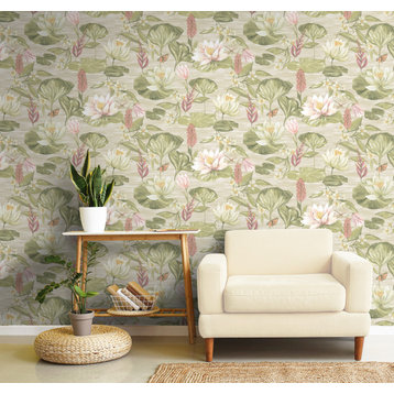 Painted Waterlily Floral Wallpaper , Beige, Sample