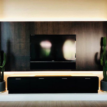 Modern Entertainment Center with Metal Backing and Built-in Cabinets
