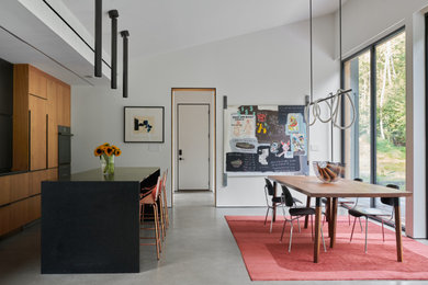 Large minimalist concrete floor, gray floor and vaulted ceiling great room photo in New York with white walls