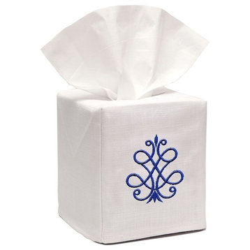 Linen Tissue Box Cover, French Scroll, Cobalt Blue