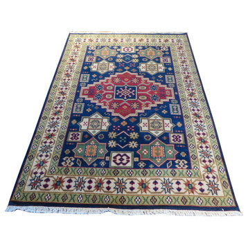 Hand Knotted Navy Blue Kazak Oriental Rug Vegetable Dyes, 4'8x6'5