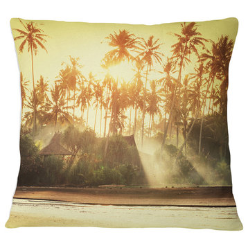 Bamboo Huts on Tropical Island Landscape Printed Throw Pillow, 18"x18"
