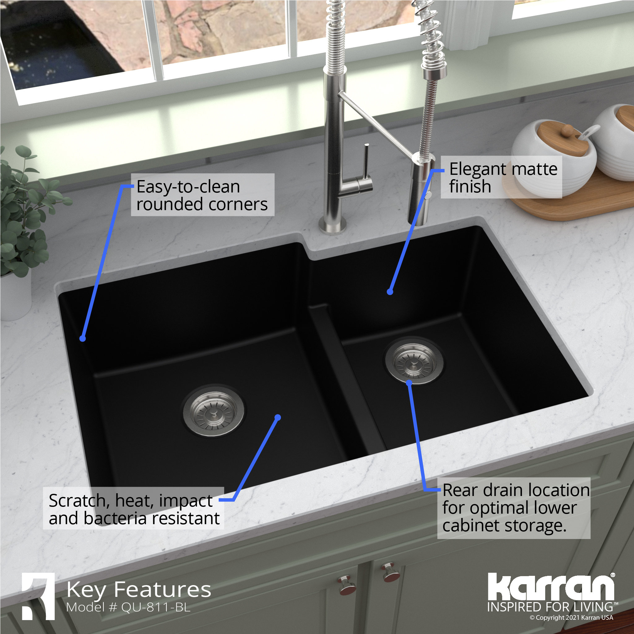 Karran 32" Undermount Large/Small Bowl Quartz Kitchen Sink, Black