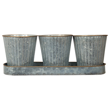Galvanized Metal Planter Set With Tray, 15"x5.5", Industrial Silver