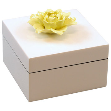 Lacquer Small Square Box, Yellow Flower Handle White Box