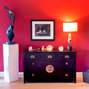 Свежая идея для дизайна: узкая прихожая среднего размера в современном стиле с красными стенами, светлым паркетным полом, одностворчатой входной дверью, черной входной дверью и коричневым полом - отличное фото интерьера