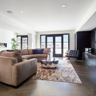 大きいモダンスタイルのおしゃれな地下室 (半地下 (ドアあり)、ライムストーンの床、横長型暖炉、白い壁) の写真