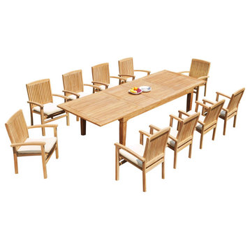 11-Piece Teak Dining Set, 122" Rectangle Table, 10 Wave Stacking Arm Chair