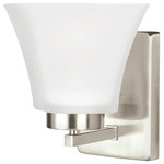 Generation Lighting Collection - Bayfield 1-Light Wall/Bath Sconce, Brushed Nickel - The Sea Gull Lighting Bayfield one light wall sconce in brushed nickel is an ENERGY STAR qualified lighting fixture that uses fluorescent bulbs to save you both time and money. The Bayfield bath collection by Sea Gull Lighting delivers simplicity with flair. The transitional design is a subtle combination of clean lines and flared, angular Satin Etched glass shades to bring style and warmth to the bathroom no matter the budget. Offered in Chrome, Burnt Sienna and Brushed Nickel finishes, the bath lighting collection offers one-light, two-light, three-light and four-light vanity fixtures. Both incandescent lamping and ENERGY STAR-qualified LED lamping are available; all fixtures are California Title 24 compliant.