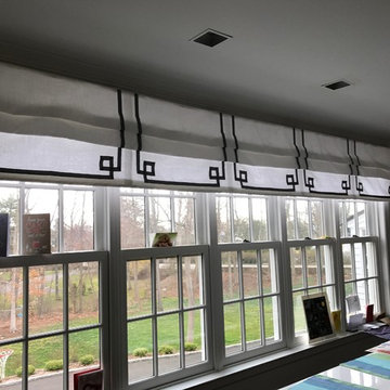 Grey Trim on White Linen Roman Shades