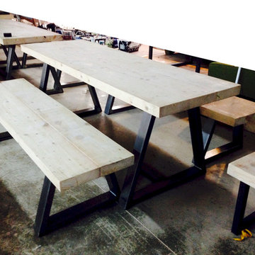 Scandinavian Industrial Mill Dining Table and Benches