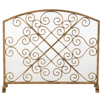 Single Panel Fireplace Screen in Dark Burnished Gold and Scroll Design
