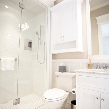 A clean bathroom with board and batten trim