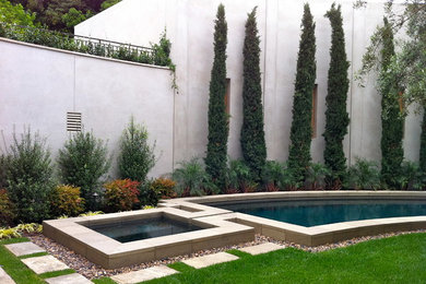 Photo of a mid-sized contemporary backyard rectangular pool in San Diego with a hot tub and natural stone pavers.
