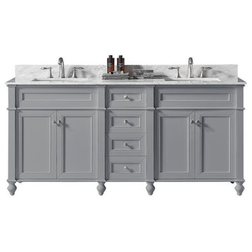 72" Double Bathroom Vanity, Taupe Gray with Carrara White Marble Top