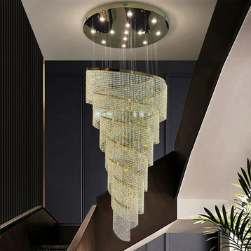 Falicon | Golden/Chrome Crystal Circular Spiral Chandelier, Gold, Dia 31.5xh98.4", Dimmable, Cool Light