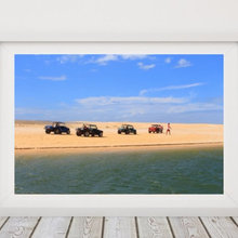 Beach buggies parked in row on sand, Galinhos - RN, Brazil. Downloadabl