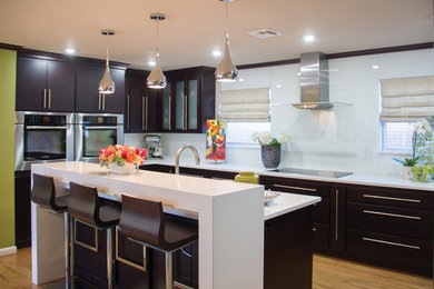 Example of a 1950s eat-in kitchen design in Other with flat-panel cabinets, quartzite countertops, white backsplash, glass sheet backsplash and stainless steel appliances