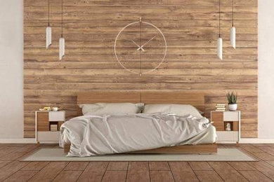 ラスティックスタイルのおしゃれな寝室 (ベージュの壁、無垢フローリング) のインテリア