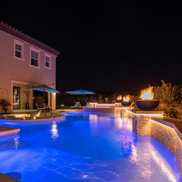 Modern Swimming Pool, Spa, Sunken Firepit, Outdoor Shower, and Beach Entry