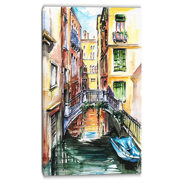 "Venice Canal Meeting Bridge" Cityscape Canvas Art Print, 20"x40"