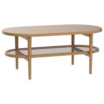 Modern Coffee Table, Spacious Oval Shaped Top & Bottom Rattan Shelf, Light Wood