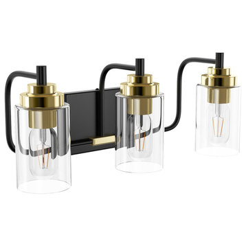 Industrial Metallic Cylinder Transparent Glass Shade Vanity Lighting, 3-Light