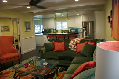 Trendy dark wood floor family room photo in Other with yellow walls