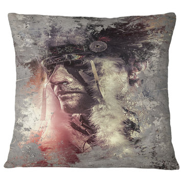 Native American Indian Warrior Abstract Portrait Throw Pillow, 18"x18"