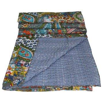 Indian Paisley Print Queen Cotton Kantha Quilt Throw Blanket Gudari