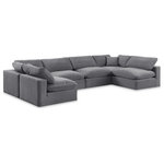Meridian Furniture - Comfy Upholstered U-Shaped Modular Sectional, Grey, 6-Piece: 4 Armless Chair, 2 Corner Chair, Velvet - Give your space a whole new look with this grey Comfy velvet sectional. This handsome sectional fits nicely with other items in the Comfy collection and is a versatile seating option designed for adaptability, comfort and style. Wrapped in rich grey durable velvet upholstery, this sectional offers a plush embrace of overstuffed down feather cushions, carefully crafted to deliver the highest level of comfort. The perfect seat for creating an oasis for relaxation, this sectional has thick foam surrounding its frame for added support and coziness.