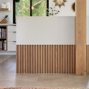Wood slat peninsula divider — Nixon II, Reno interior design by Find Design