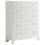 Lexington - Danielle Drawer Chest - The Danielle drawer chest features a graceful bowfront design, with texured veneer on the framed five drawer fronts and polished nickel hardware above bracket feet. The drawers have soft-touch self-closing drawer guides.