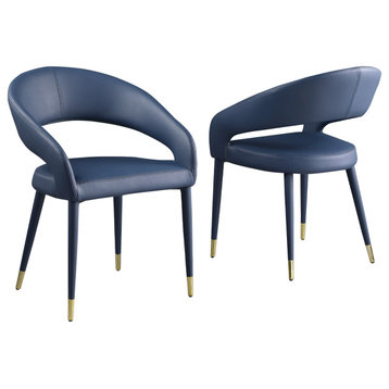 Joel Faux Leather Contemporary Dining Chair with Gold Accents, Set of 2, Navy Blue