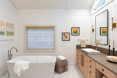 Example of a huge master stone slab marble floor, multicolored floor, double-sink and vaulted ceiling bathroom design in Other with flat-panel cabinets, light wood cabinets, a bidet, white walls, a vessel sink, quartz countertops, a hinged shower door, brown countertops and a built-in vanity
