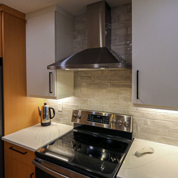 Two Tone Contemporary Euro Beech Wood and White Cabinetry Kitchen