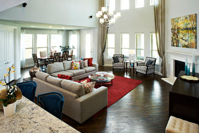 Example of a mid-sized transitional open concept medium tone wood floor living room design in Dallas