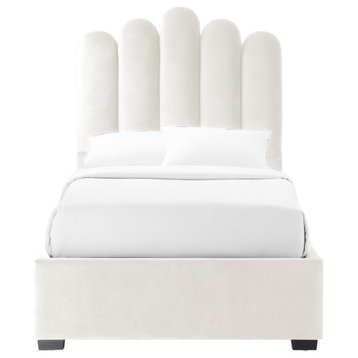 Inspired Home Monty Bed, Velvet Upholstered Scalloped Headboard, Ivory, Twin Xl