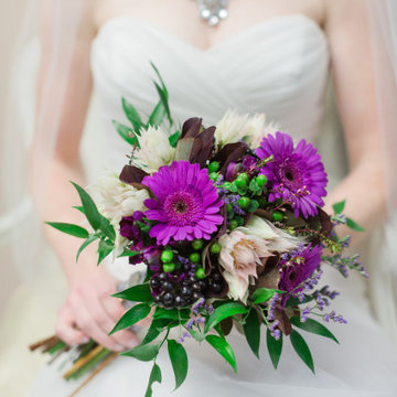 Brilliant purples in a bride's bouquet