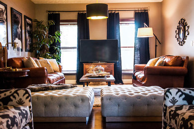 Example of a mid-sized transitional formal and enclosed medium tone wood floor and beige floor living room design in Indianapolis with beige walls, no fireplace and no tv