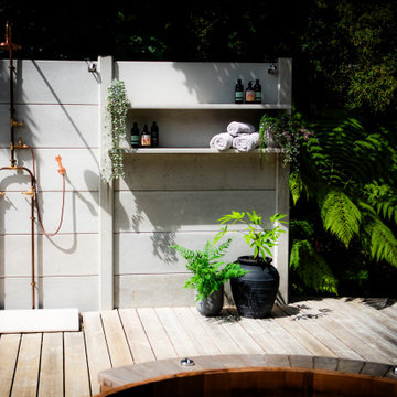 WWOO concrete outdoor kitchen & outdoor shower/collaboration with Karen McClure